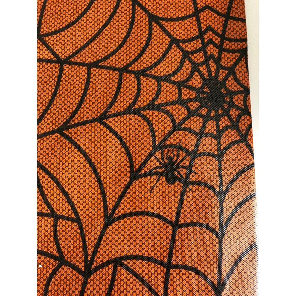 Haunted Halloween Tablecloth Vinyl Flannel Backed Spider Webs Orange 52X52